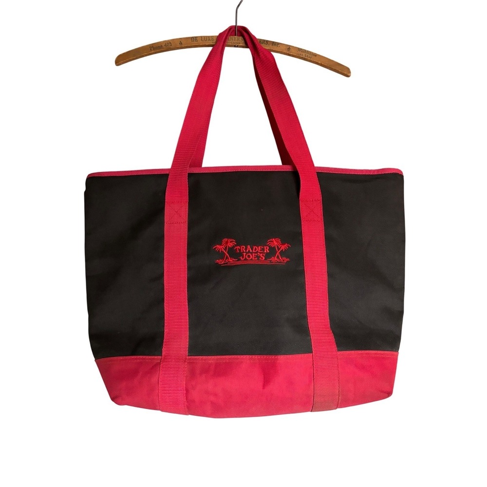 Trader Joe's Insulated Cooler Tote Bag Black Red Embroidered Logo Large Grocery